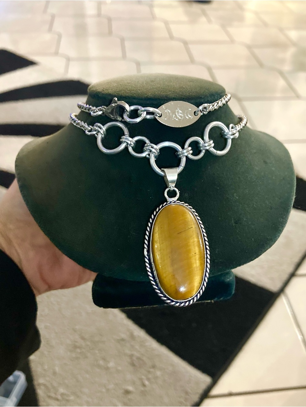 Genuine golden tiger eye gemstone boho oval medallion charm silver necklace